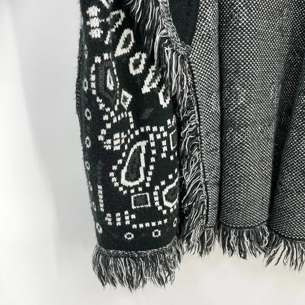 Made in Italy | Black White Paisley Jacquard Knit Fringe Cardigan *no belt* S